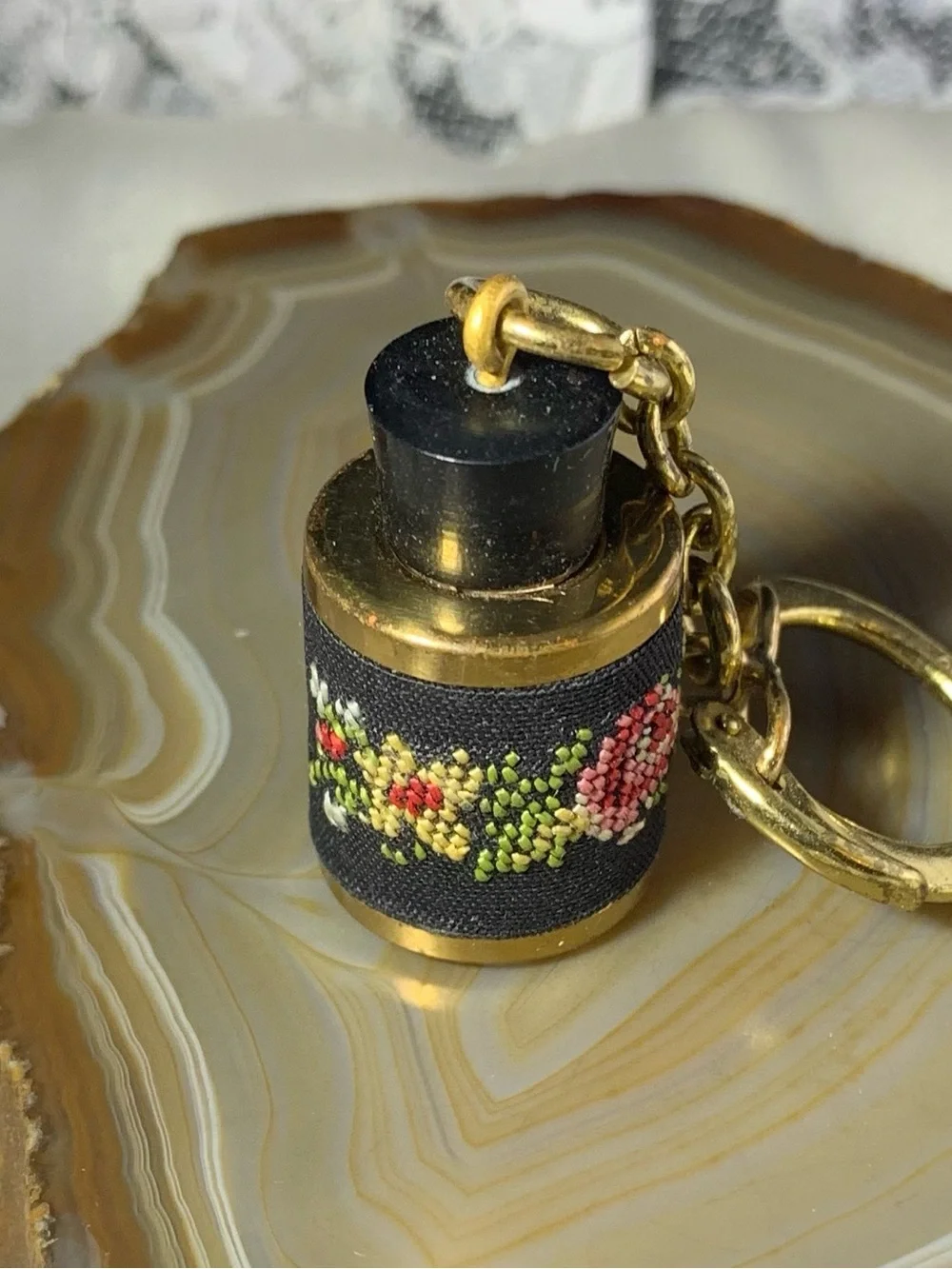 Antique Miniature Perfume Bottle Gold-Tone Floral Embroidered Keychain -
